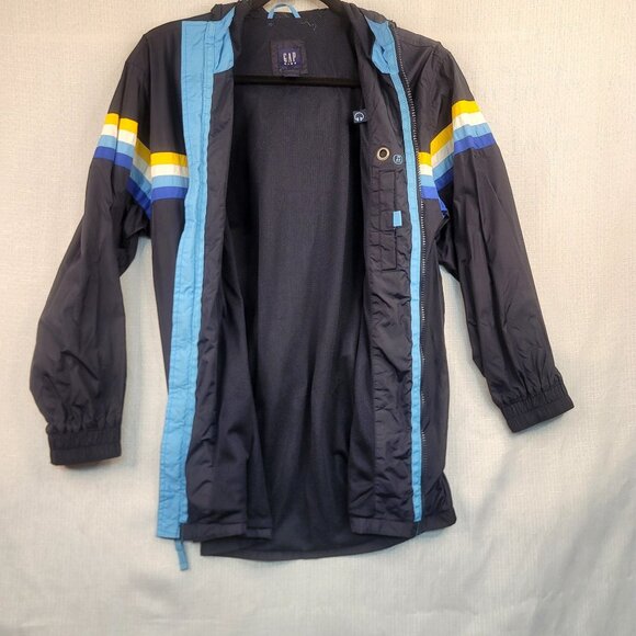 Gap Kids XL 12 Navy Windbreaker Yellow Blue Stripes Full-Zip Hooded Mesh Lining - Picture 5 of 11